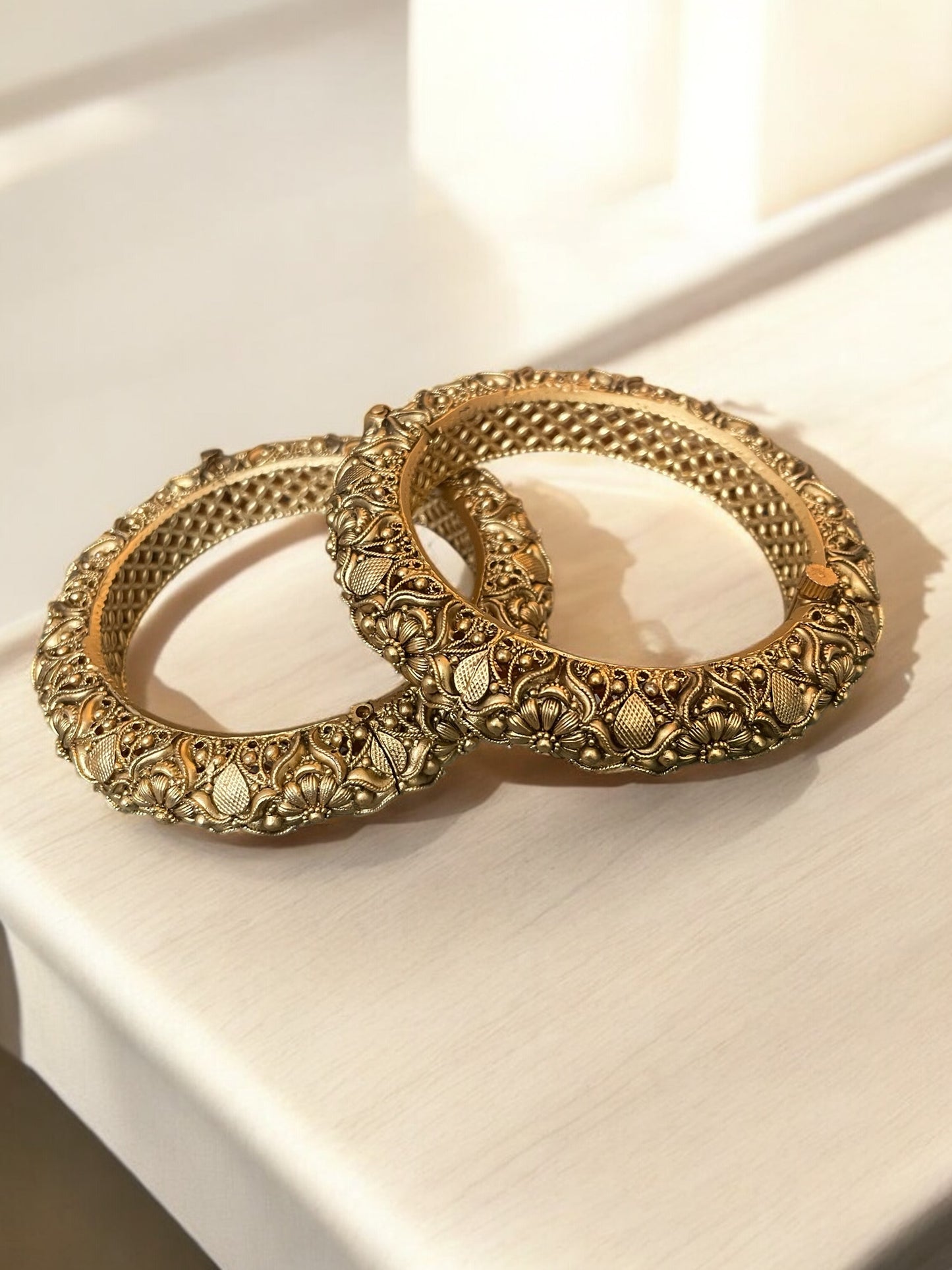 Antique Floral Carved Gold Finish Bangles (Set of 2)