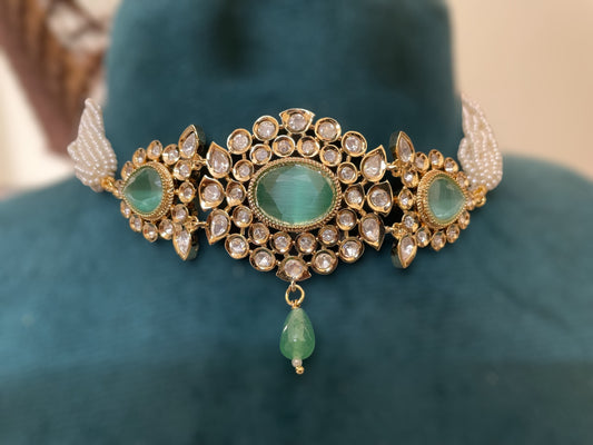 Mint Green Kundan Pearl Choker Set