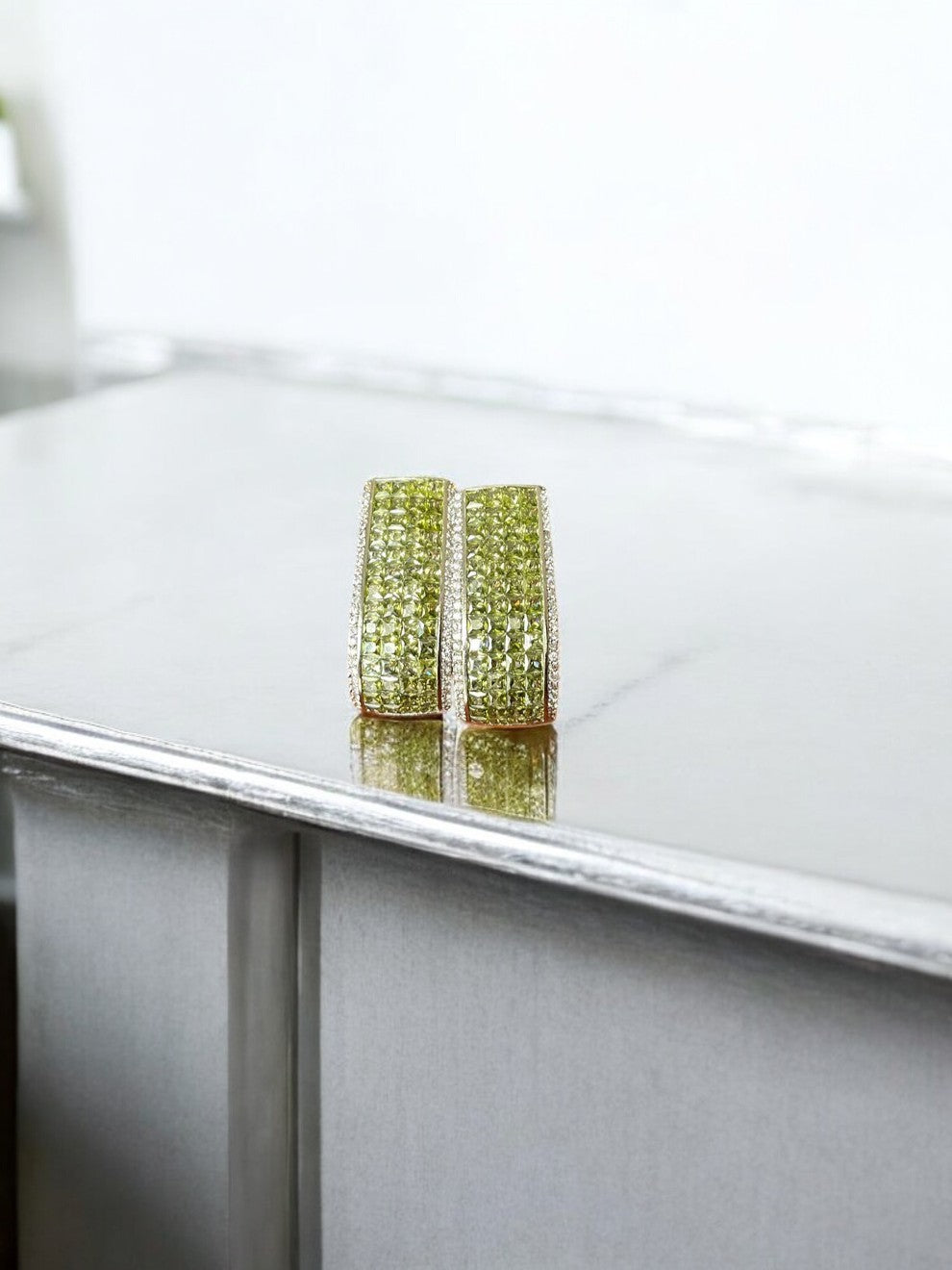 Olive Green Crystal Studded Hoop Huggies