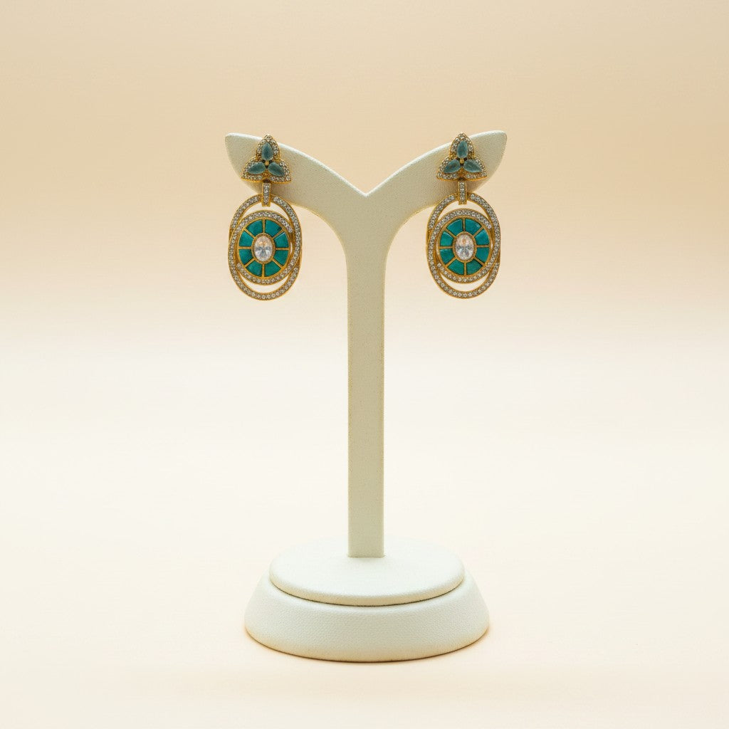 Teal Regal Moissanite-Look Dangler Earrings with Enamel Spokes