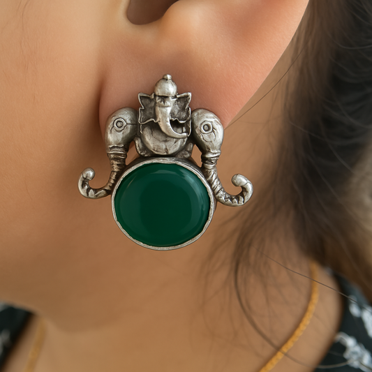 Vighnaharta Emerald Studs (Oxidised Silver Replica)