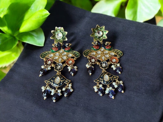 Peacock Motif Meenakari Chandbali Earrings