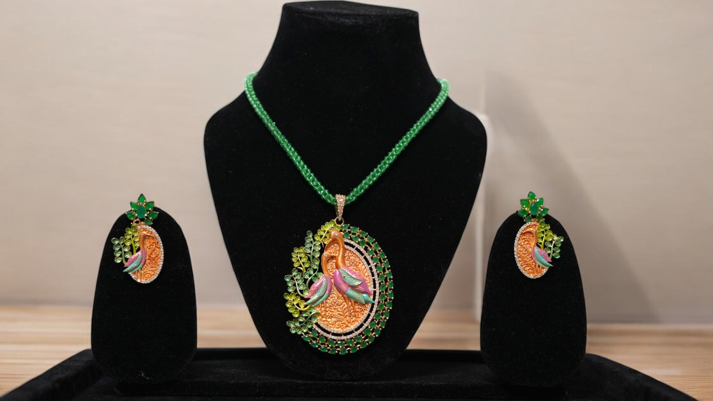 Royal Peacock Green Beaded Pendant Set