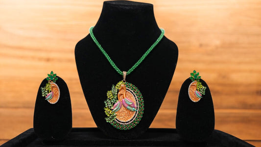 Royal Peacock Green Beaded Pendant Set