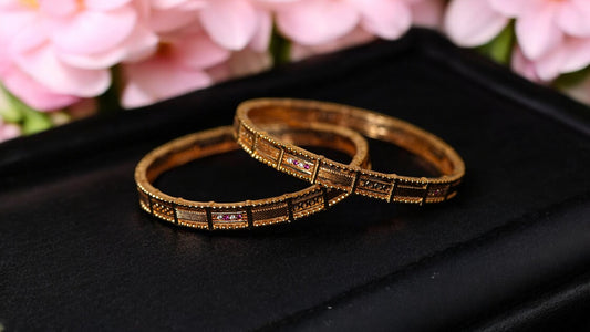 Antique Etched Bangles with Pink Stone Detail (Set of 2)