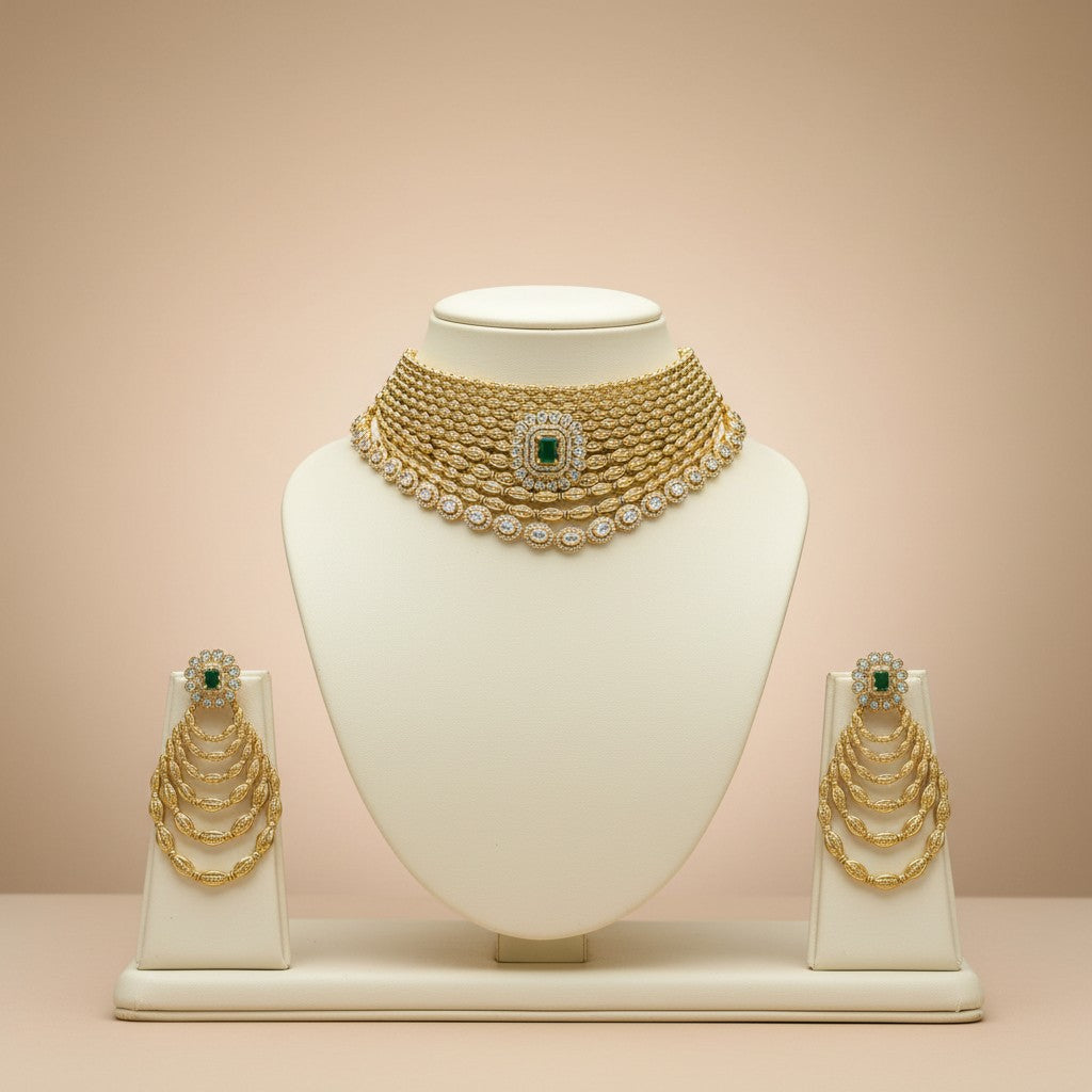 Zamindari Royal Emerald Layered Choker Set with Cascading Earrings