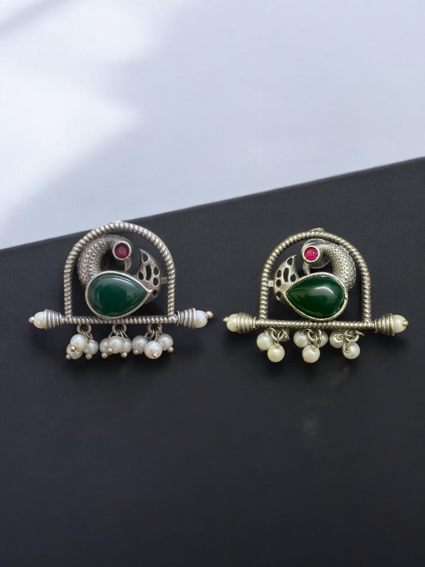 Mayura Green Stone Oxidised Earrings