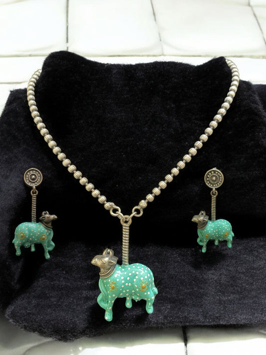 Turquoise Cow Motif Oxidised Necklace Set