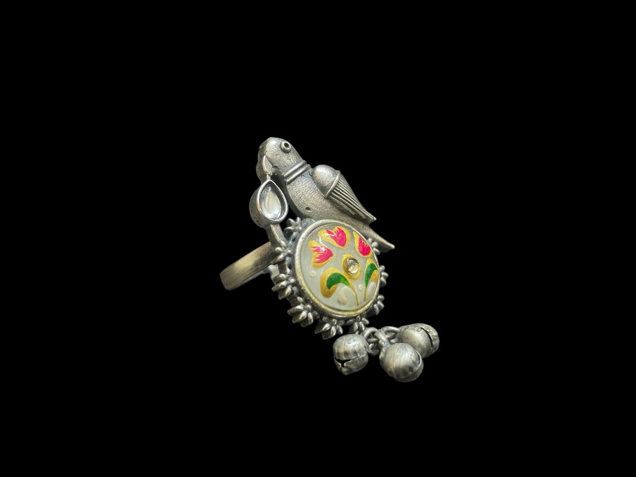 Parrot Charm Oxidised Adjustable Ring