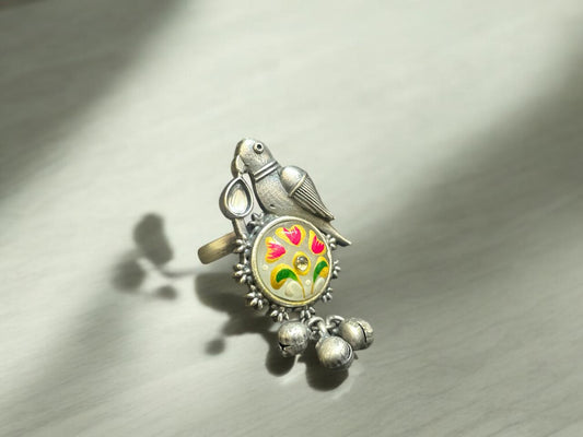 Parrot Charm Oxidised Adjustable Ring