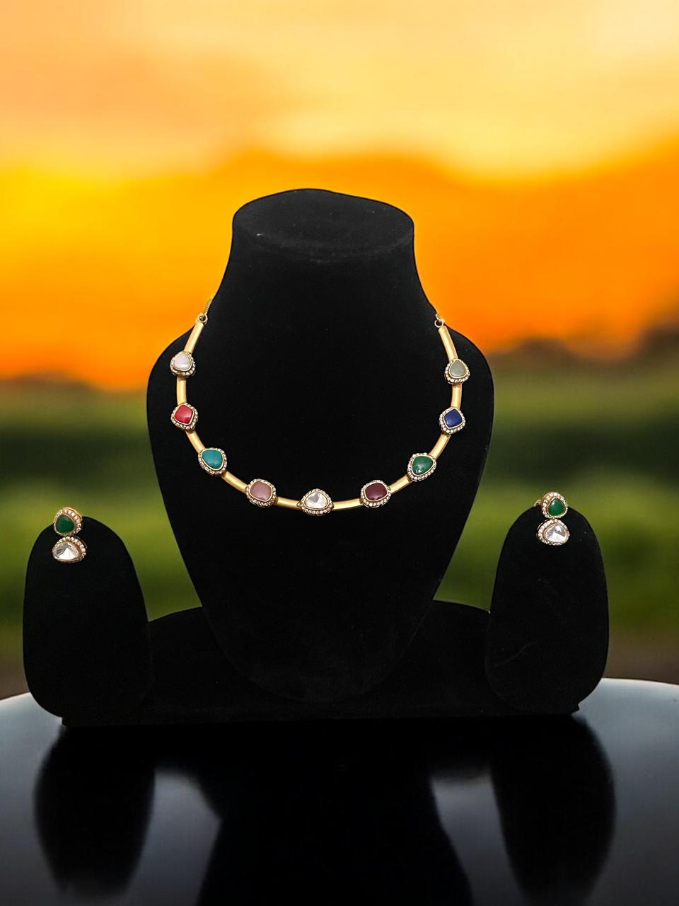 Elegant Multi-Stone Gold Finish Necklace Set
