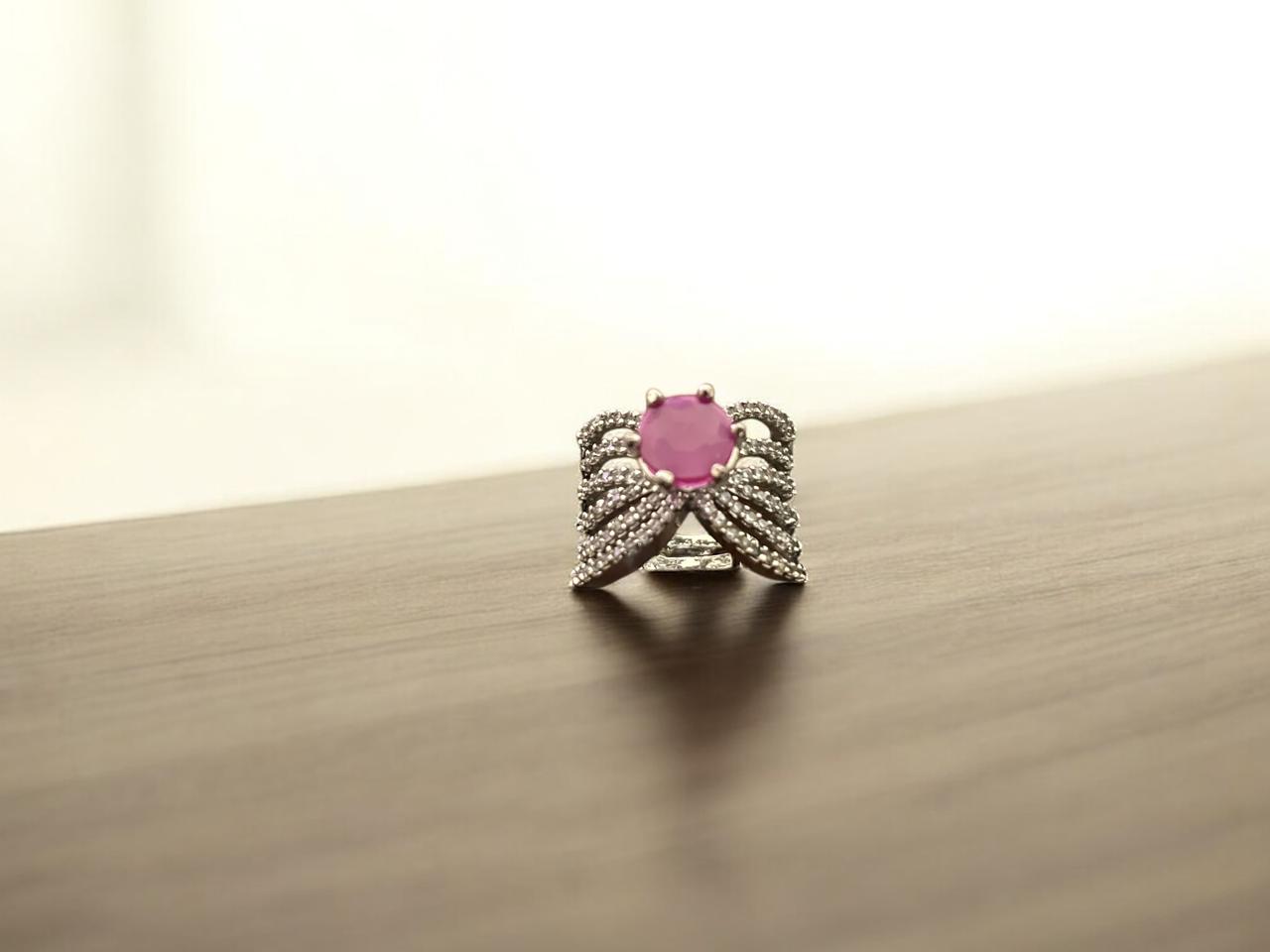 Silver Bloom Ring with Pink Stone Center