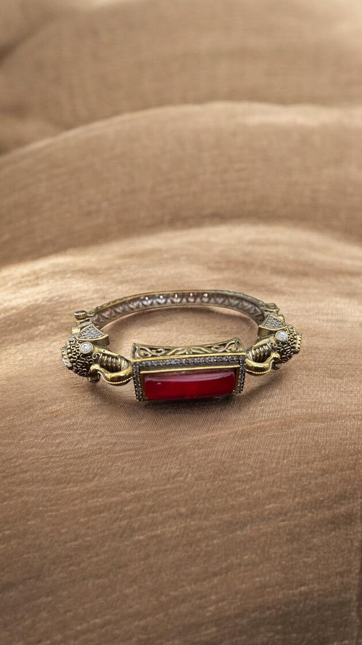 Antique Elephant Charm Red Stone Kada