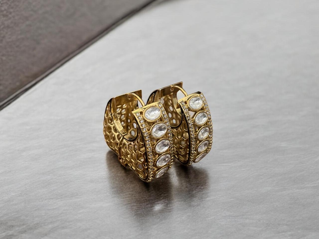 Statement Crystal-Studded Gold Textured Hoops