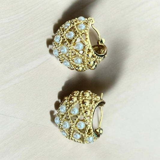 Vintage Pearl-Studded Filigree Hoop Earrings