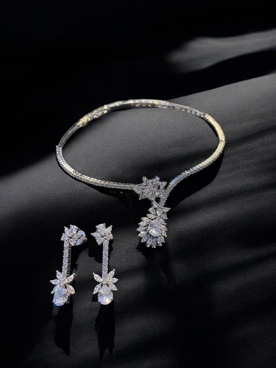 Floral Teardrop Diamond-CZ Necklace Set