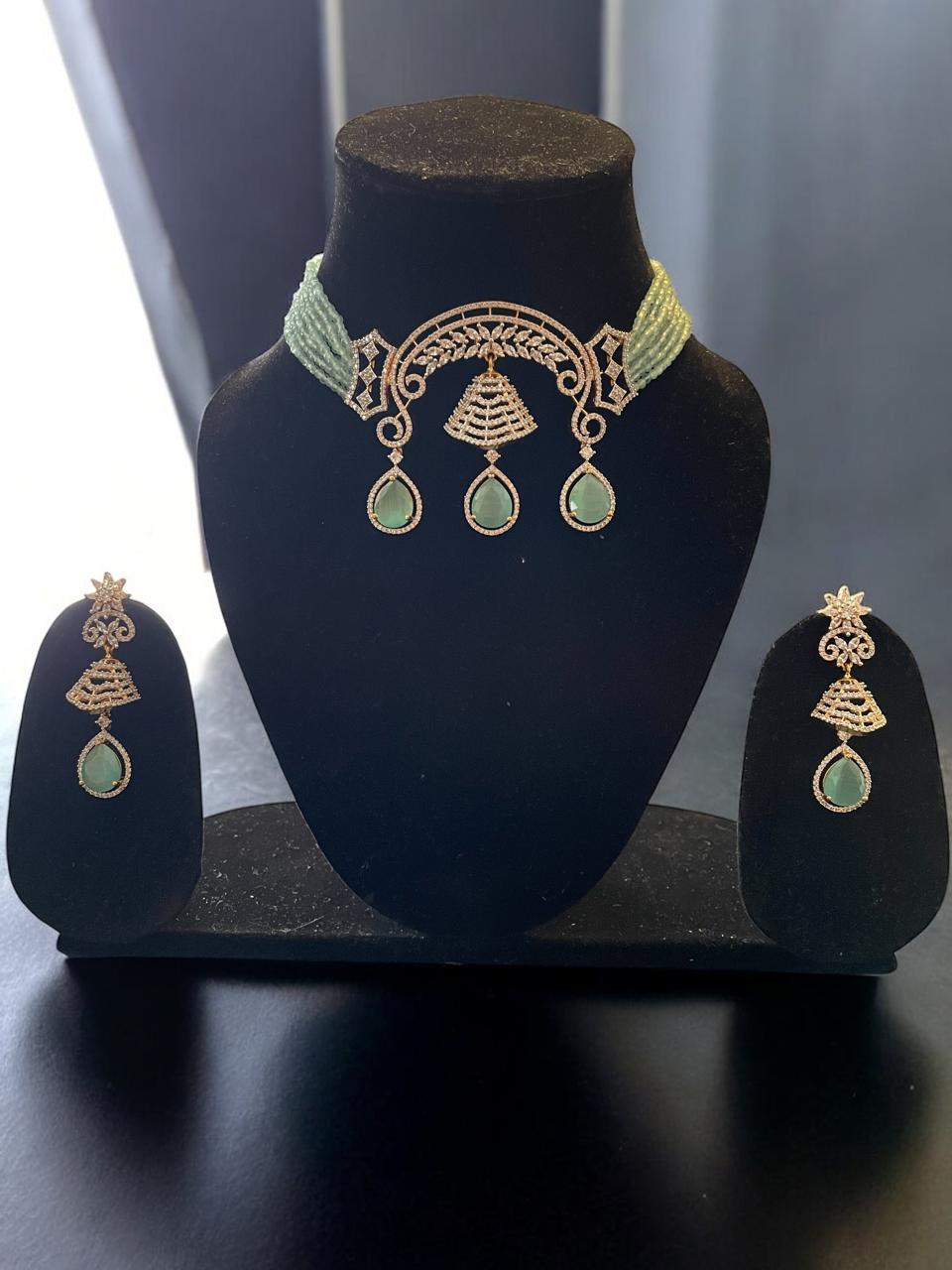Mint Green Beaded Bell Drop Choker Necklace Set
