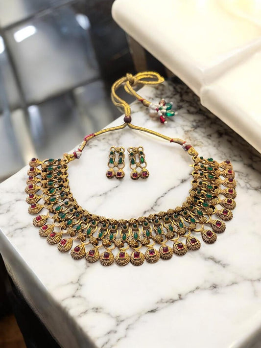 Heritage Emerald & Ruby Stone Collar Necklace Set