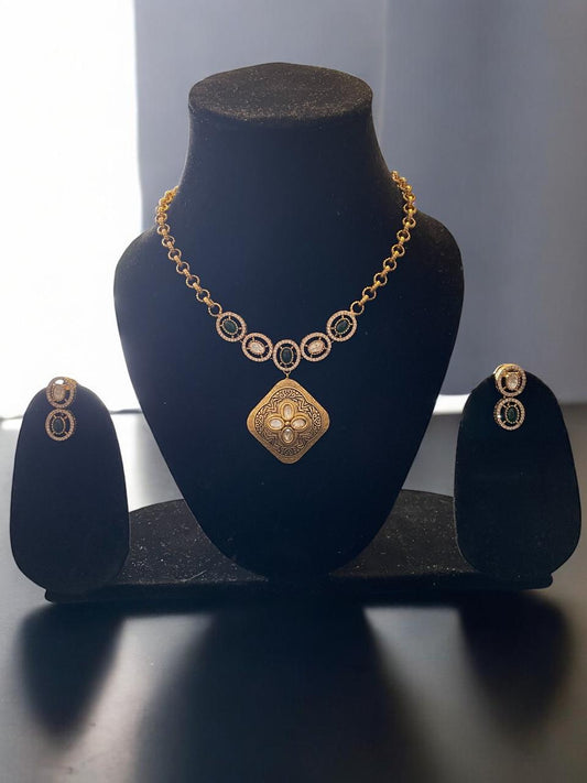 Antique Medallion Pendant Necklace Set with Green Accents