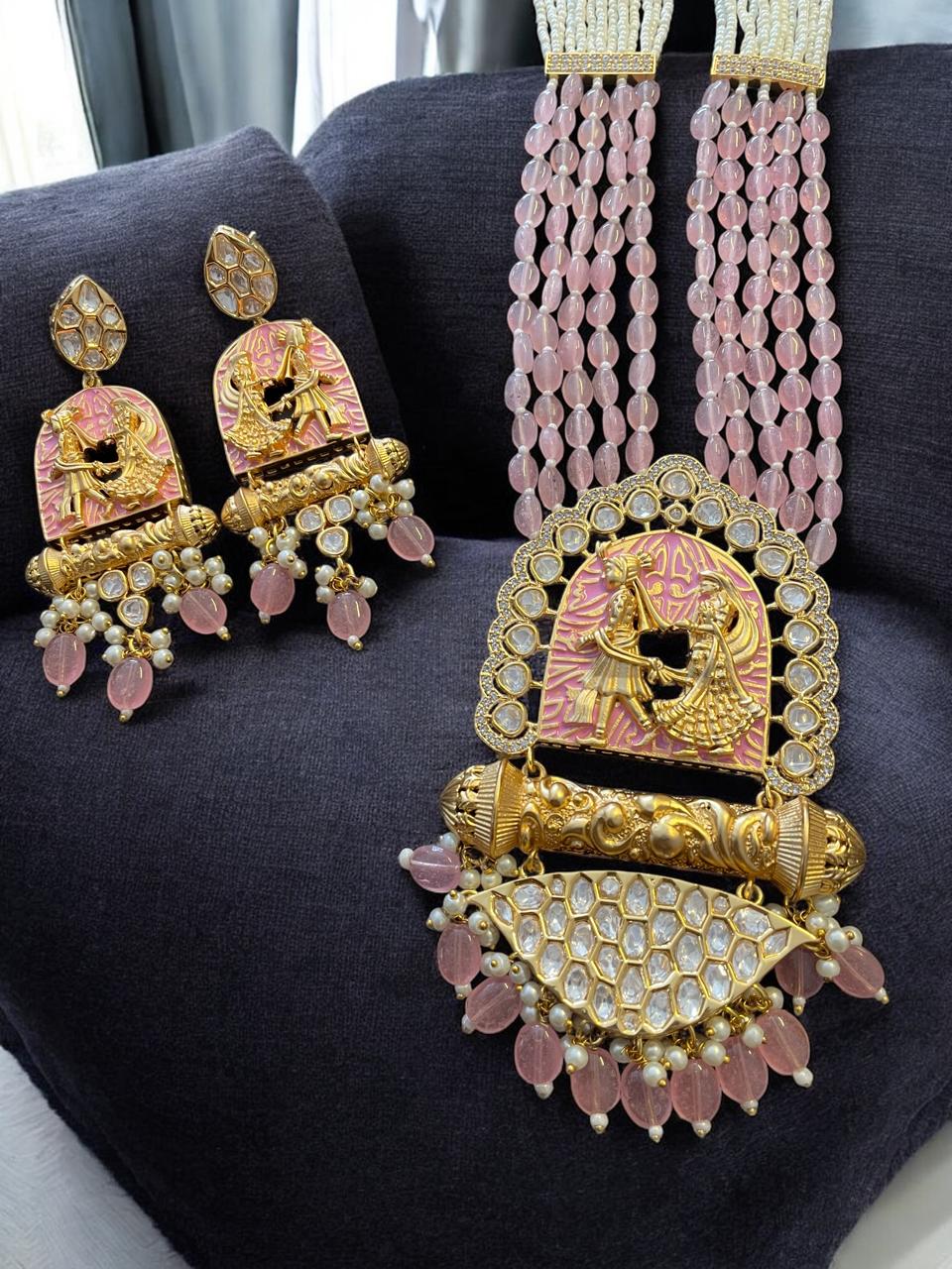Regal Folk Dance Carved Long Necklace Set with Pink Beads