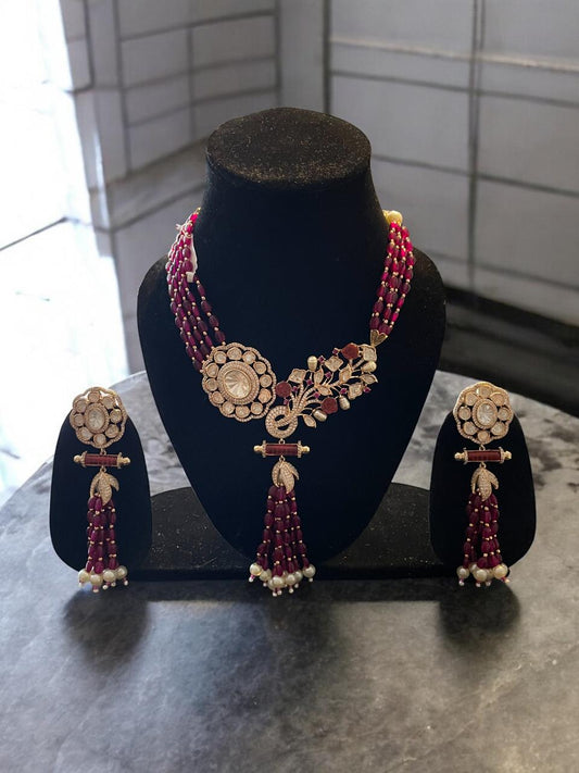 Maroon Beaded Floral Peacock Necklace Set