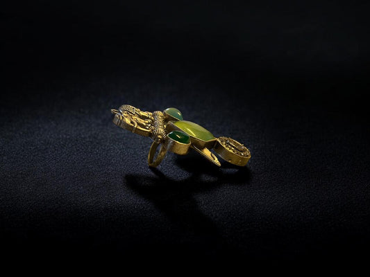 Elephant Motif Tribal Statement Ring with Green Stones