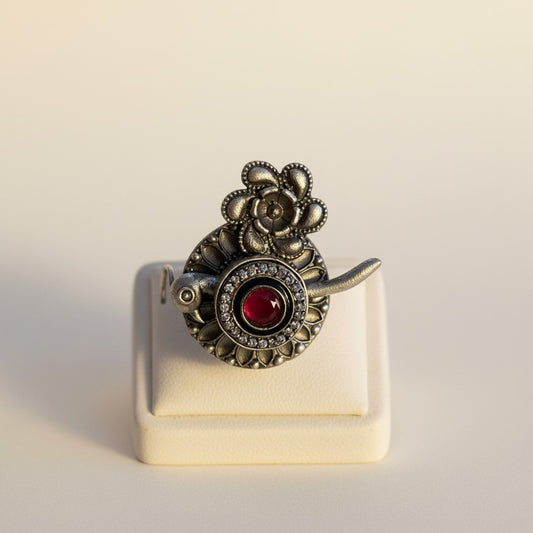 Floral & Bird Motif Oxidised Ring with Red Stone Accent