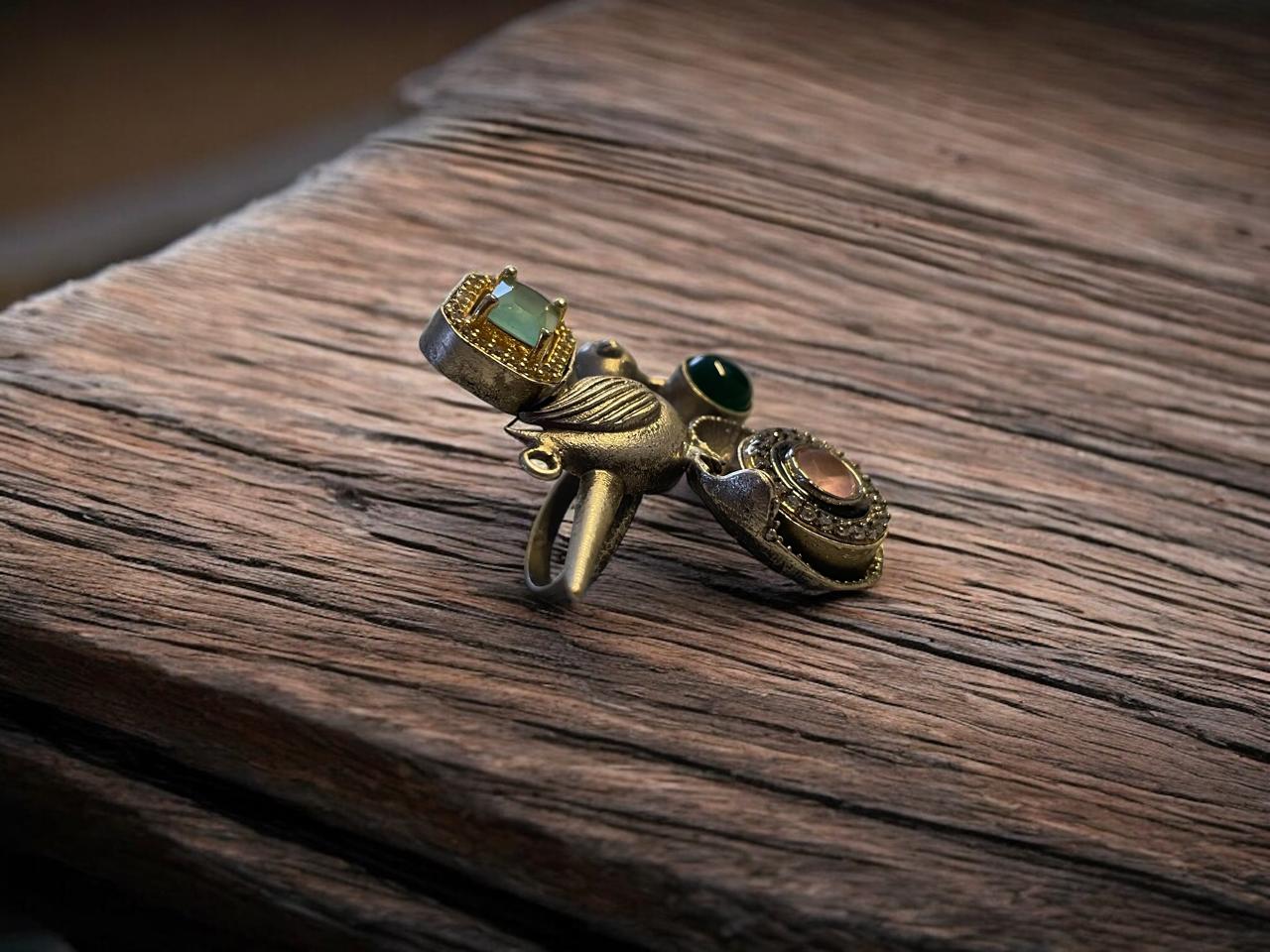 Bird Motif Oxidised Statement Ring with Multicolour Stones