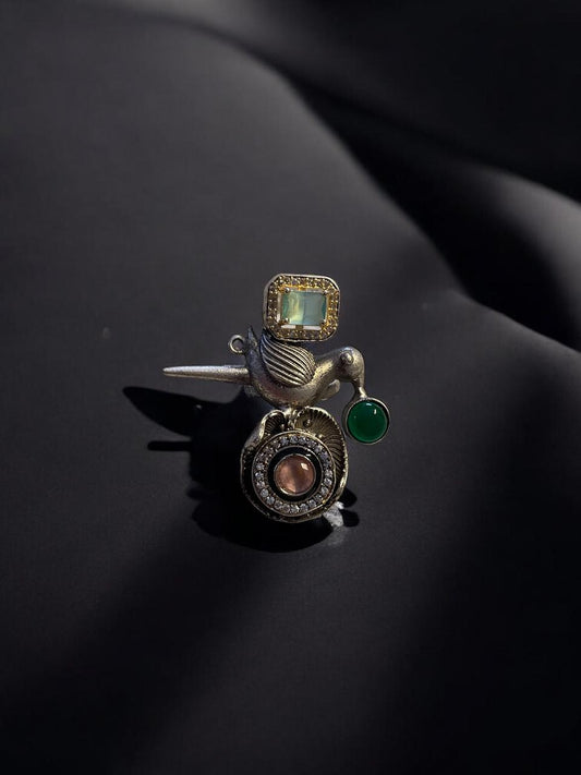 Bird Motif Oxidised Statement Ring with Multicolour Stones
