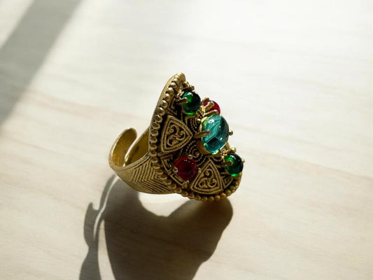 Tribal Dome Ring with Red & Green Stones