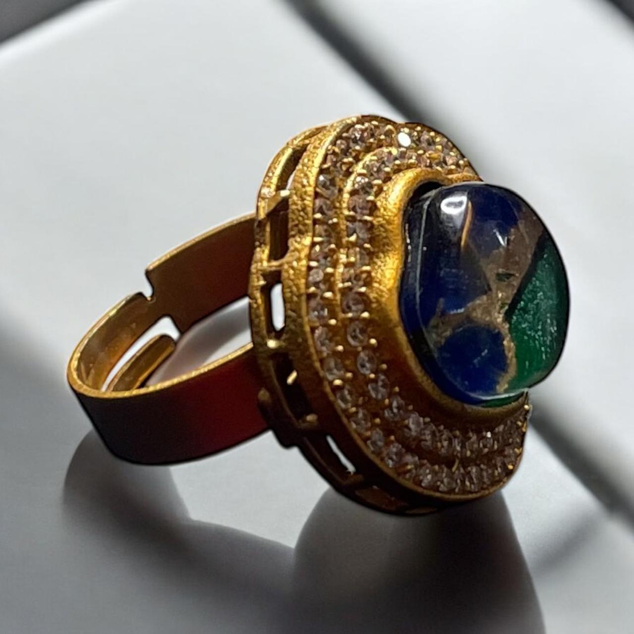 Gold-Tone Artistic Stone Ring with CZ Halo
