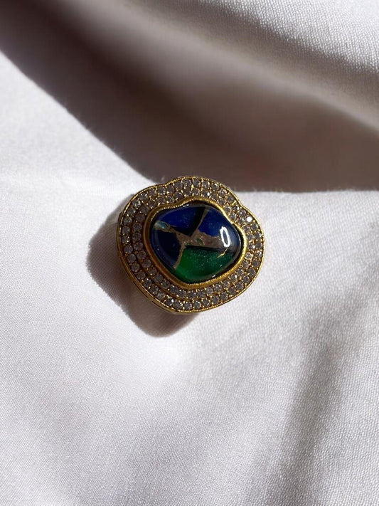 Gold-Tone Artistic Stone Ring with CZ Halo