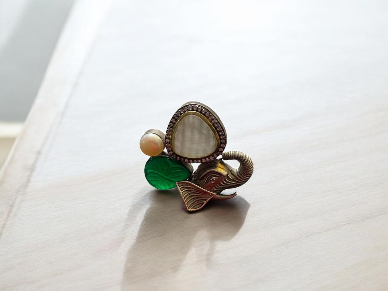 Elephant Motif Oxidised Ring with Pearl & Green Stone