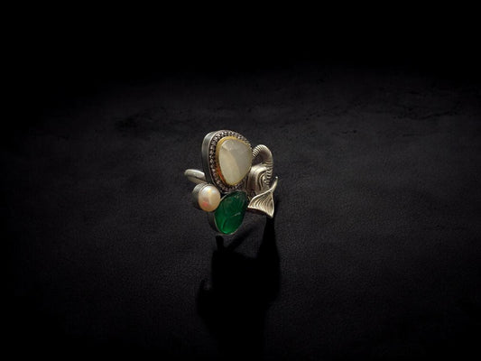 Elephant Motif Oxidised Ring with Pearl & Green Stone