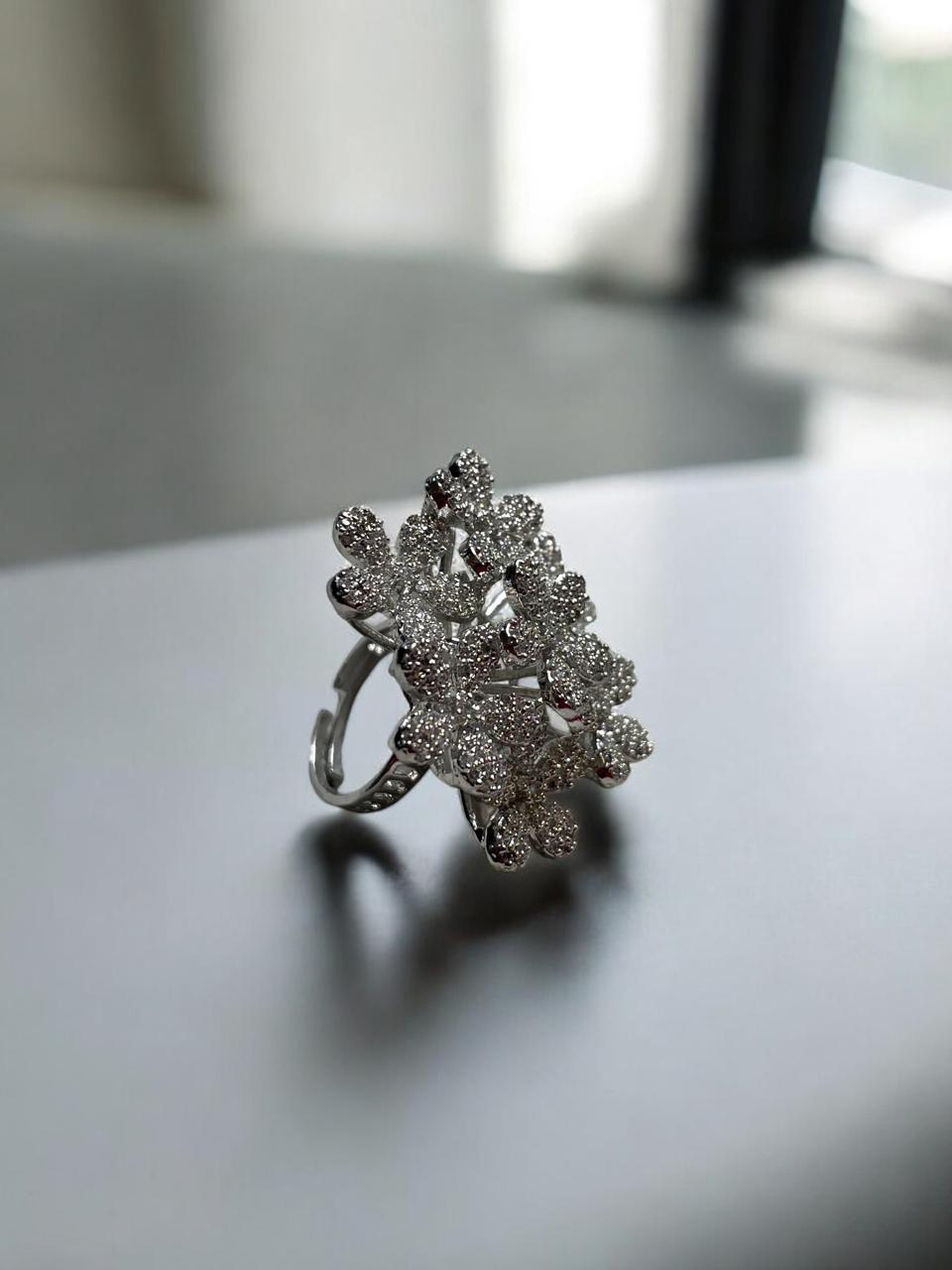 Silver-Tone Floral Cluster Ring with CZ Detailing