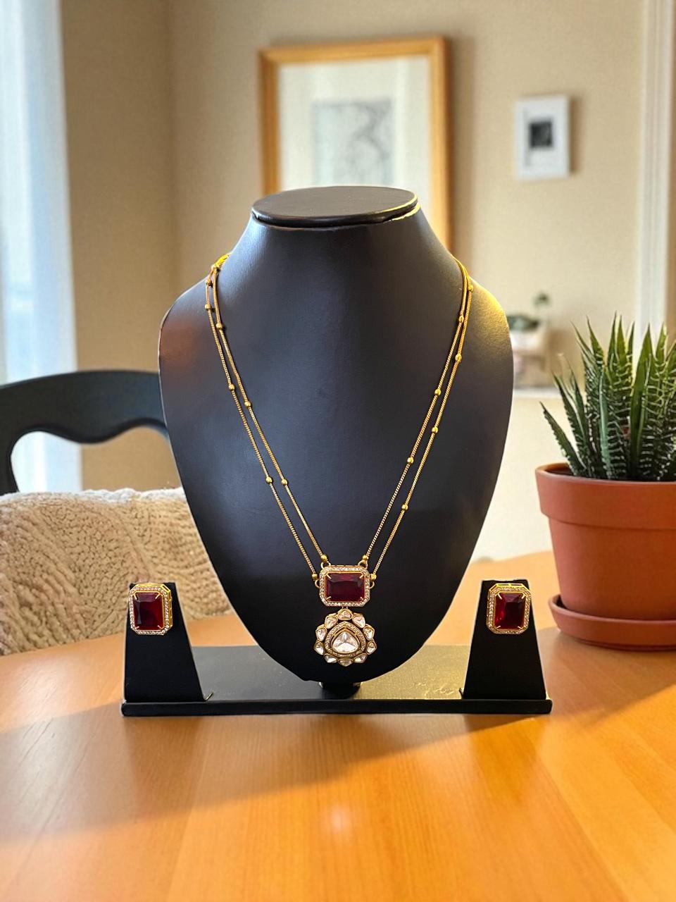 Dual Pendant Ruby Red Necklace Set with Kundan Floral Charm