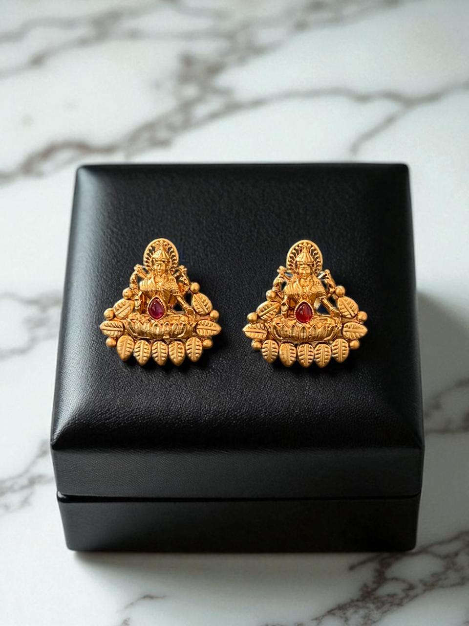 Antique Lakshmi Temple Stud Earrings with Ruby Accent