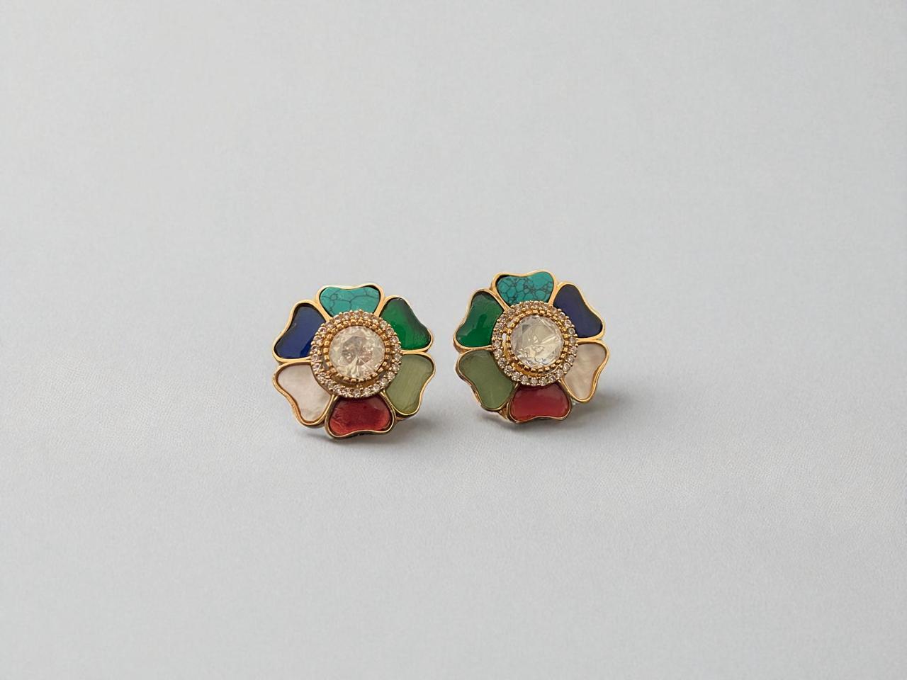 Multicolour Floral Kundan Stud Earrings