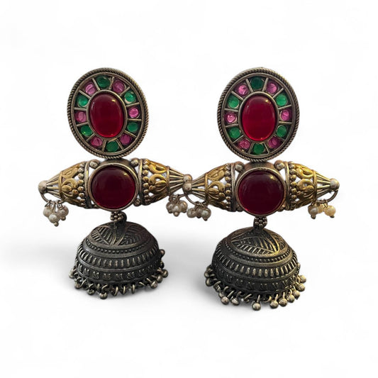 Oxidised Temple Jhumka Earrings with Red & Green Stones
