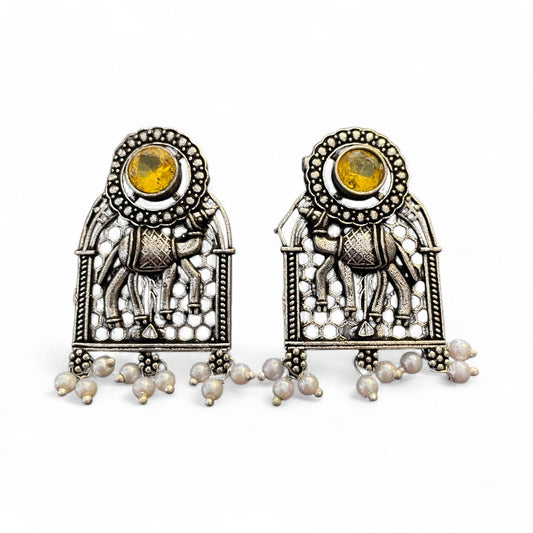 Oxidised Elephant Motif Earrings with Yellow Stone & Pearls