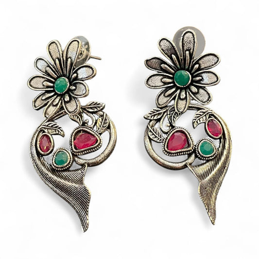 Floral Oxidised Earrings with Red & Green Stones
