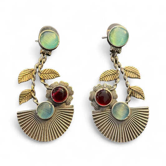 Dual-Tone Floral Earrings with Red & Green Stones