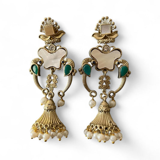 Floral & Bird Motif Jhumka Earrings with Pearls
