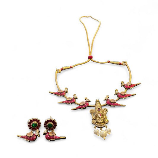 Temple Jewellery Necklace Set with Goddess Pendant & Bird Motifs