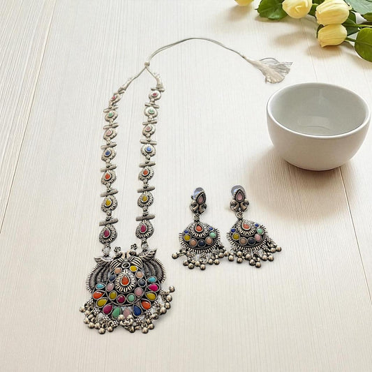 Multicolour Oxidised Peacock Necklace Set with Earrings