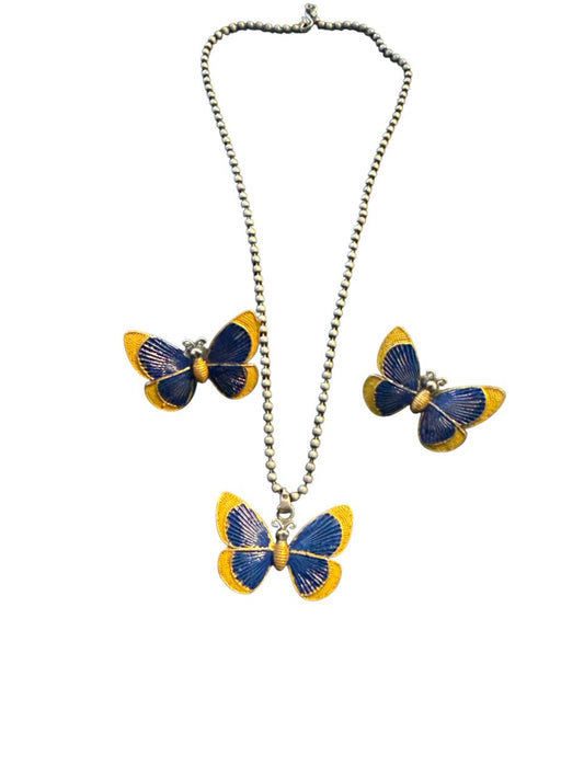 Blue & Yellow Butterfly Pendant Necklace Set with Earrings