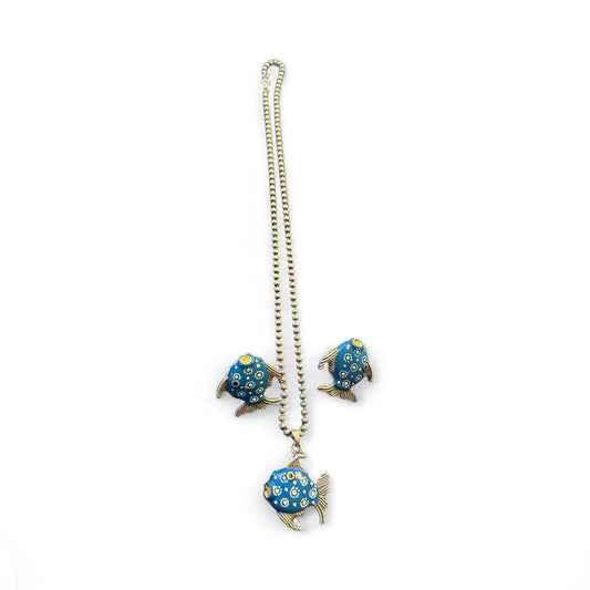 Blue Fish Motif Necklace Set with Earrings