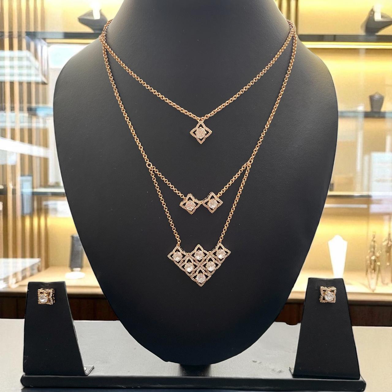 Triple Layered Geometric Necklace with Stud Earrings