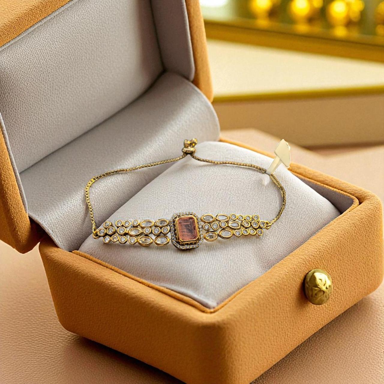 Kundan Adjustable Bracelet with Pink Stone Centerpiece