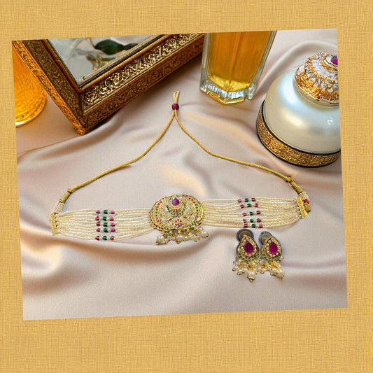 Royal Pearl & Kundan Choker with Multicolour Stones and Earrings